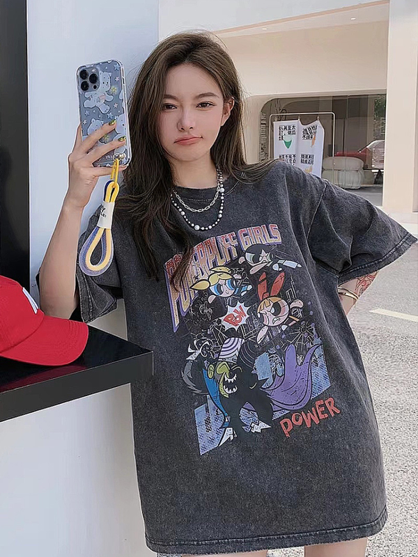 Plus-Size Cartoon Vintage Washed Mid-Length Short-Sleeve T-Shirt for Women, Summer Trendy Retro Loose Fit Couple Style Top