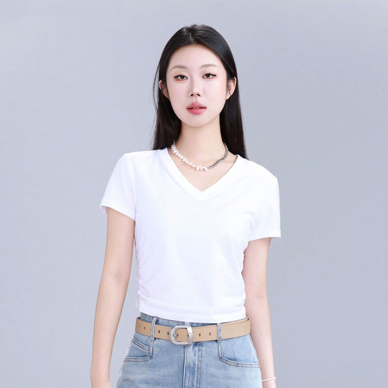 ブラザー＆シスター スリミングTシャツ レディース 2026年夏新作 万能スリミング伸縮性Vネックプリーツ半袖トップス 1300888