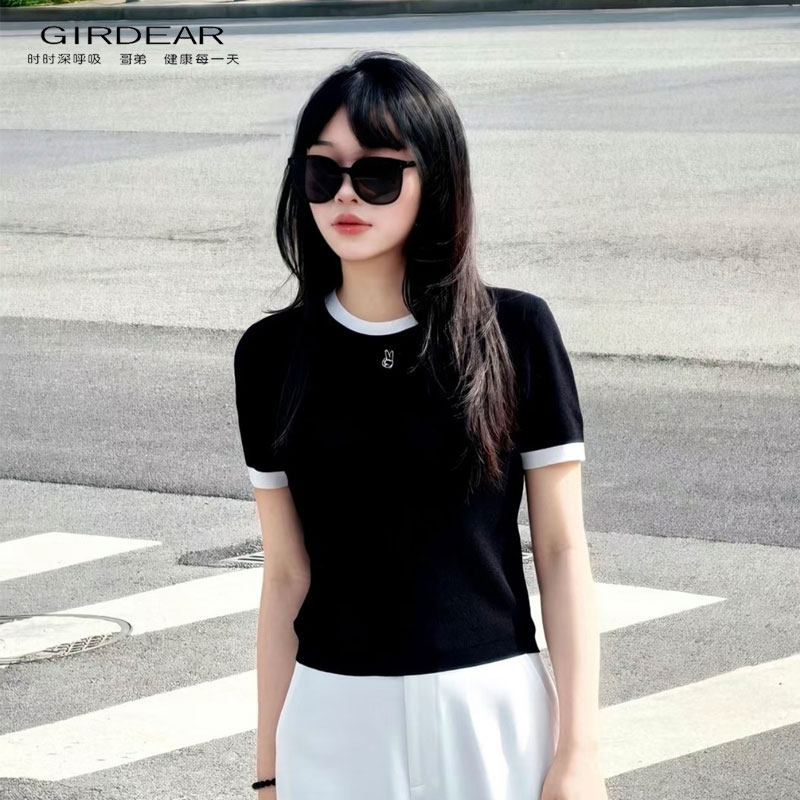 GIRDEAR レディースTシャツ 2026年夏新作 肌に優しいカラーブロック スリムフィット ニット 半袖 138012