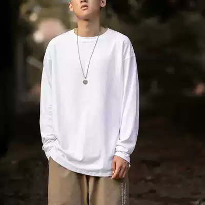 Curved hem solid color elastic super soft solid color T-shirt men's long-sleeved loose bottoming shirt cotton round neck T-shirt tide