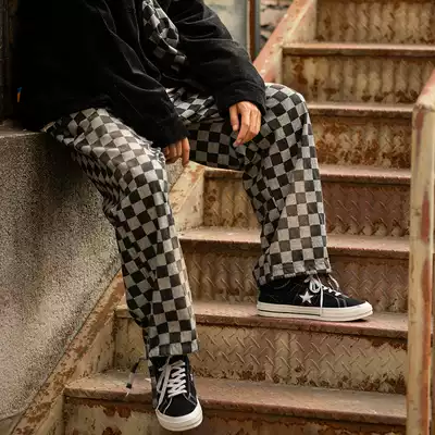 Original homemade black and white check jeans men's wide-legged loose straight hip-hop bunched feet two-wearing overalls