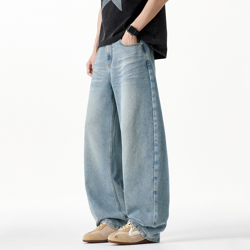 Silents Nostalgic Blue Washed Whiskered Tencel Blend Scimitar Jeans Men's Straight Loose Wide-Leg Pants