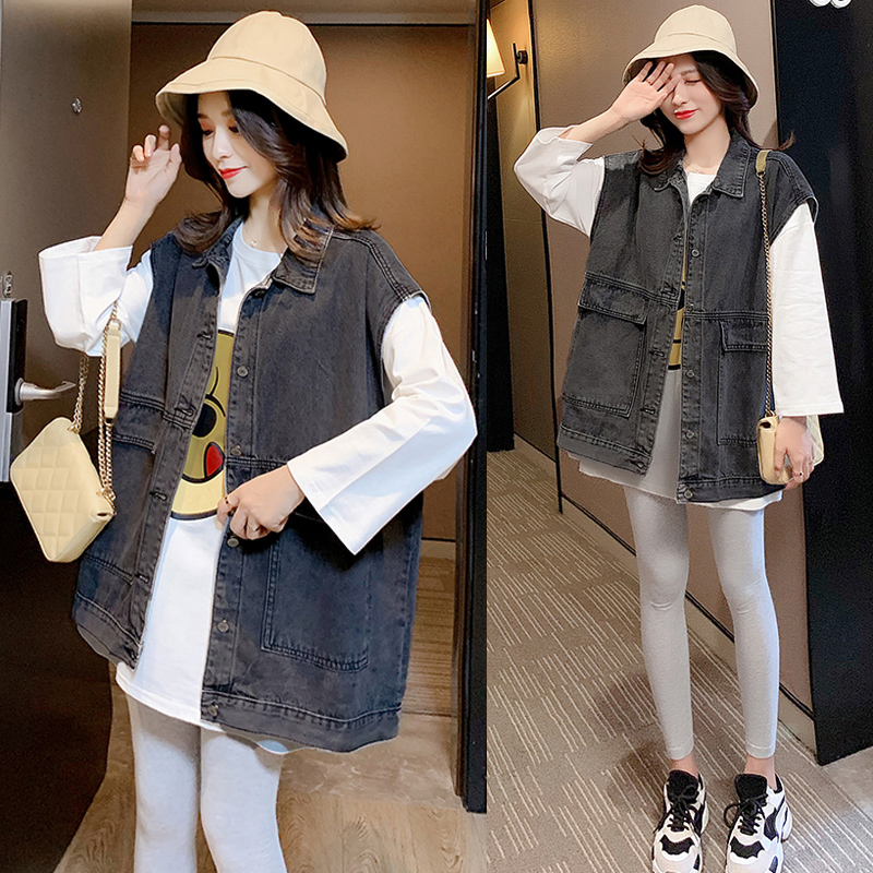 Maternity Autumn Suit 2021 New Long Sleeve Top Denim Vest Fashion Two-Piece Set Spring and Autumn Season Hip Mom Autumn Winter