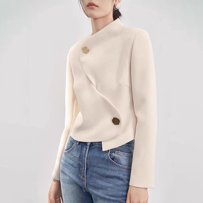 Asymmetrical thin demi-season jacket, fashionable fitted bra top, bright catchy style