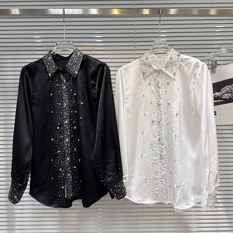 [in Stock] 2026 Spring New Style Starry Rhinestone Hotfix Design Dark Style Mercerized Cotton Shirt for Women