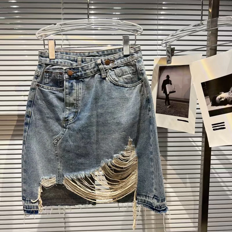 2022 New Denim Package Hip Skirt Women Summer Fashion High Waist Ripped Washed Jeans Skirt Asymmetry Loose Short Skirts Female crop top with skirt