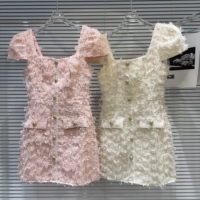 [In stock] 2026 new summer style French style small fragrant metal buckle plush tweed waist style dress