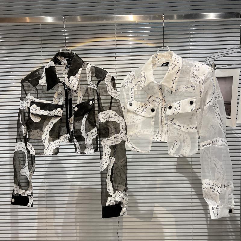[in Stock] 2026 Summer New Style Little Chanel-Style English Letter Transparent Mesh Top Shirt Short Jacket Top