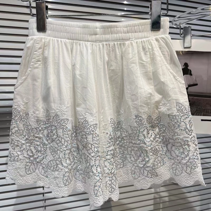 soffe shorts Flower Embroidery Shorts Women Fashion Diamond High Waist Wide Leg Pants Female Elastic Waist Casual Loose Summer Sexy Shorts maternity shorts