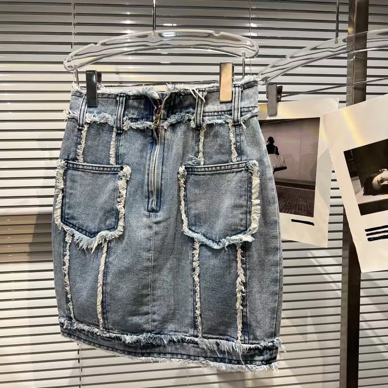 Single Breasted Denim Skirt Women Streetwear Fashion Tassel High Waist Mini Skirt Loose Casual Package Hip Jeans Skirts Female blue skirt