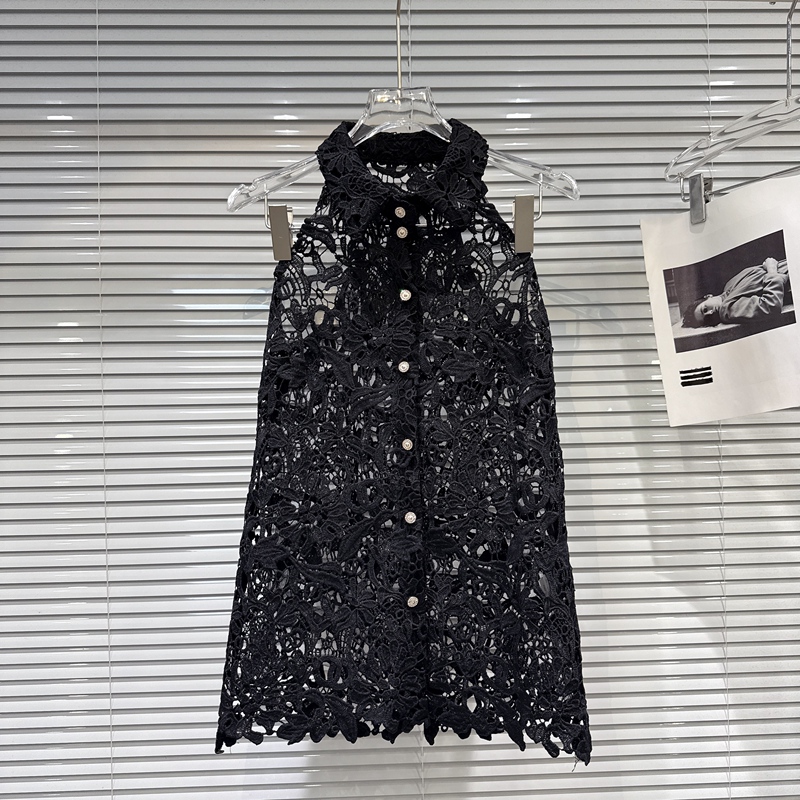 Trendy 2026 Summer New Sexy Lace-Up Shirt Collar Vest Top with Small Lapel and Hollow Lace Pattern
