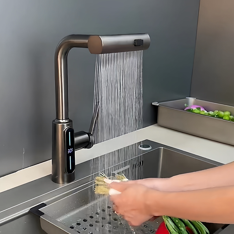 Kitchen Faucet with Hot and Cold Water, Pull-Out Type, for Sink, Rotatable, for Home Laundry Station, Digital Display, Retractable, Splash-Proof