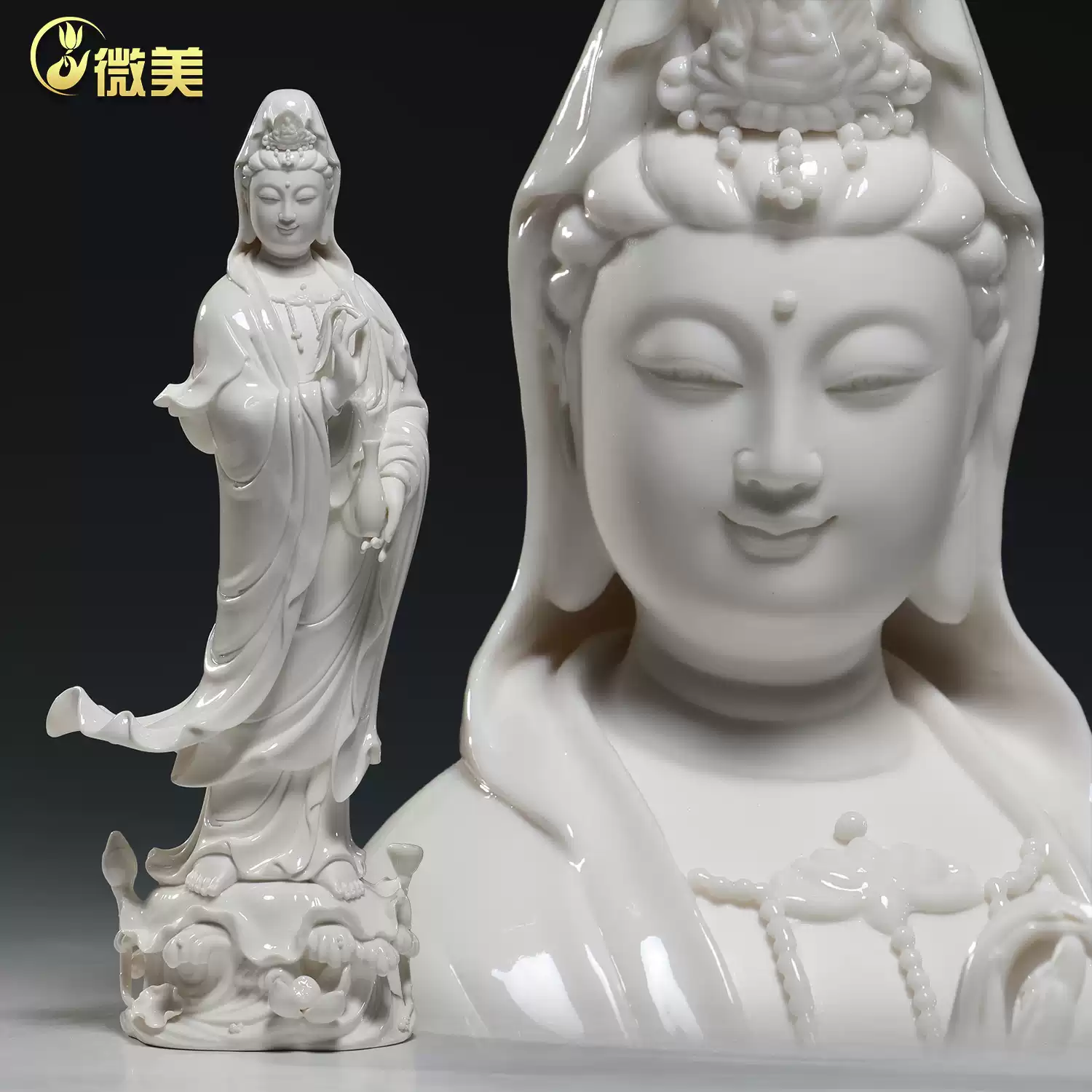微美白瓷16至26寸立荷观音菩萨佛像摆件德化陶瓷观世音供奉站像立-淘宝