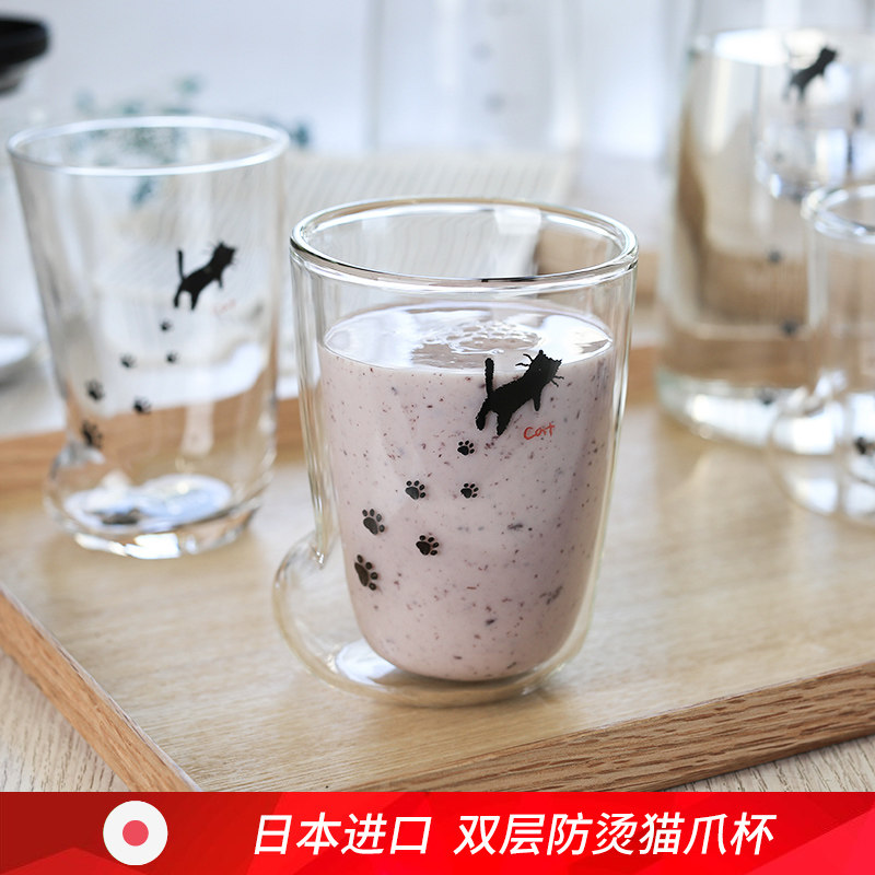 Japan imported double-layer heat-resistant transparent glass cup cute milk juice breakfast Net Red Girl Heart Cat Claw Cup