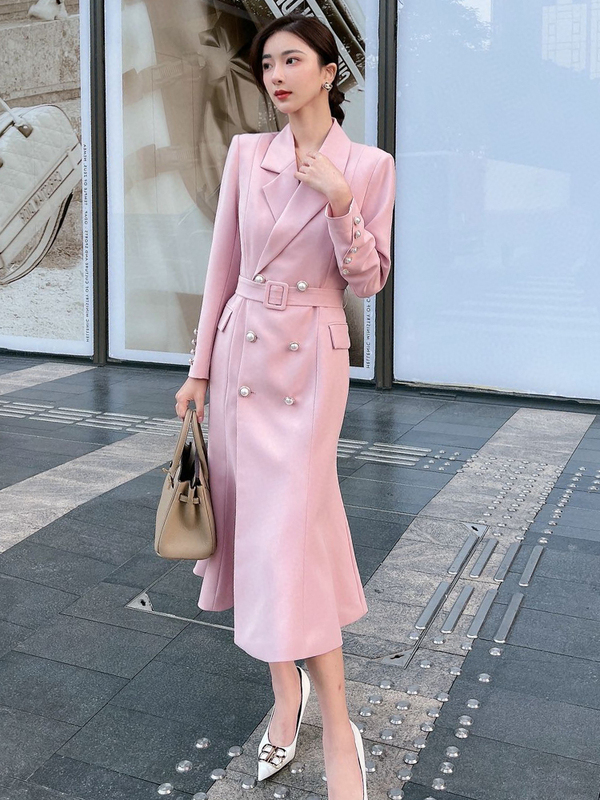 Spring and Autumn Design-Inspired Waist-Cinching Blazer Dress, Elegant Socialite Style, Bodycon Fishtail Dress, High-End Pink Professional Attire for Women Spring and Autumn Design-Inspired Waist-Cinching Blazer Dress, Elegant Socialite Style, Bodycon Fishtail Dress, High-End Pink Professional Attire for Women