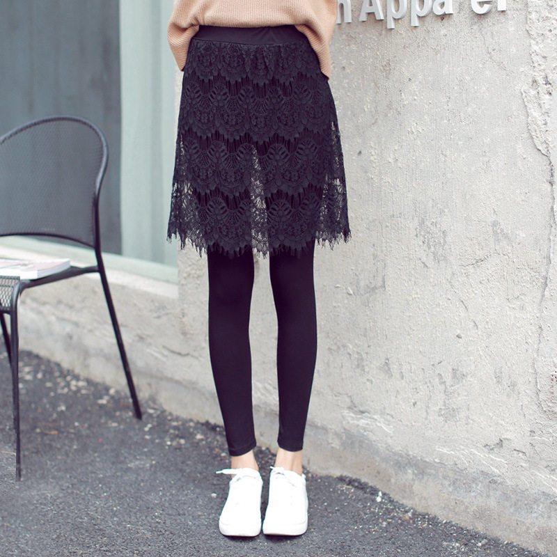 Internet Red Summer Style Spring Autumn New Products Han Edition Slim Eyelash Lace Splicing Small Feet Inside Lap Pants Skirt Fake Two Women's Pants