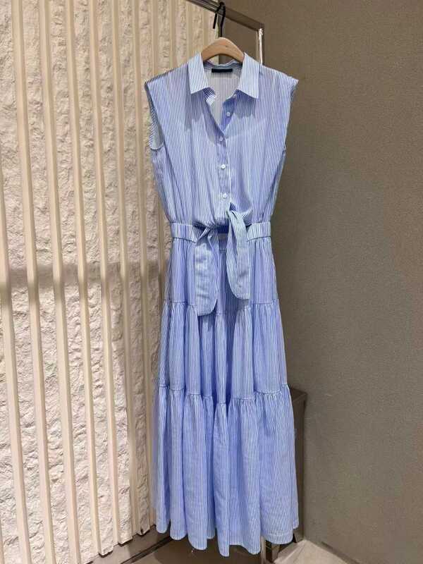 2024 Summer New Style Sleeveless Tie-Up Sky Blue Striped Sleeveless Dress Mid-Length Waist-Cinching Shirt Dress for Women