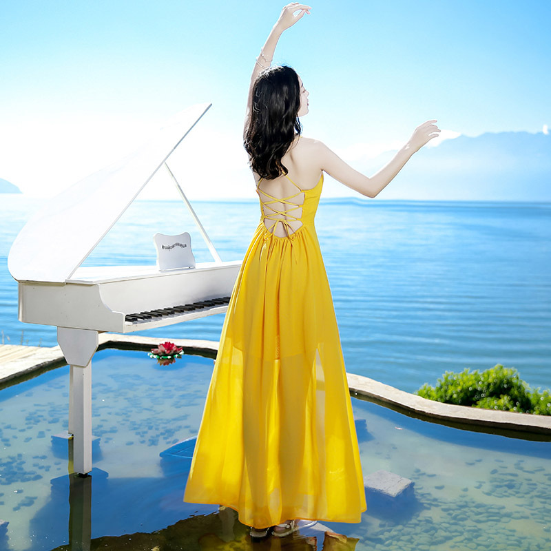 Summer V-Neck Spaghetti Strap Backless Chiffon Dress, Elegant Long Dress, Maldives Beach Dress, Seaside Vacation