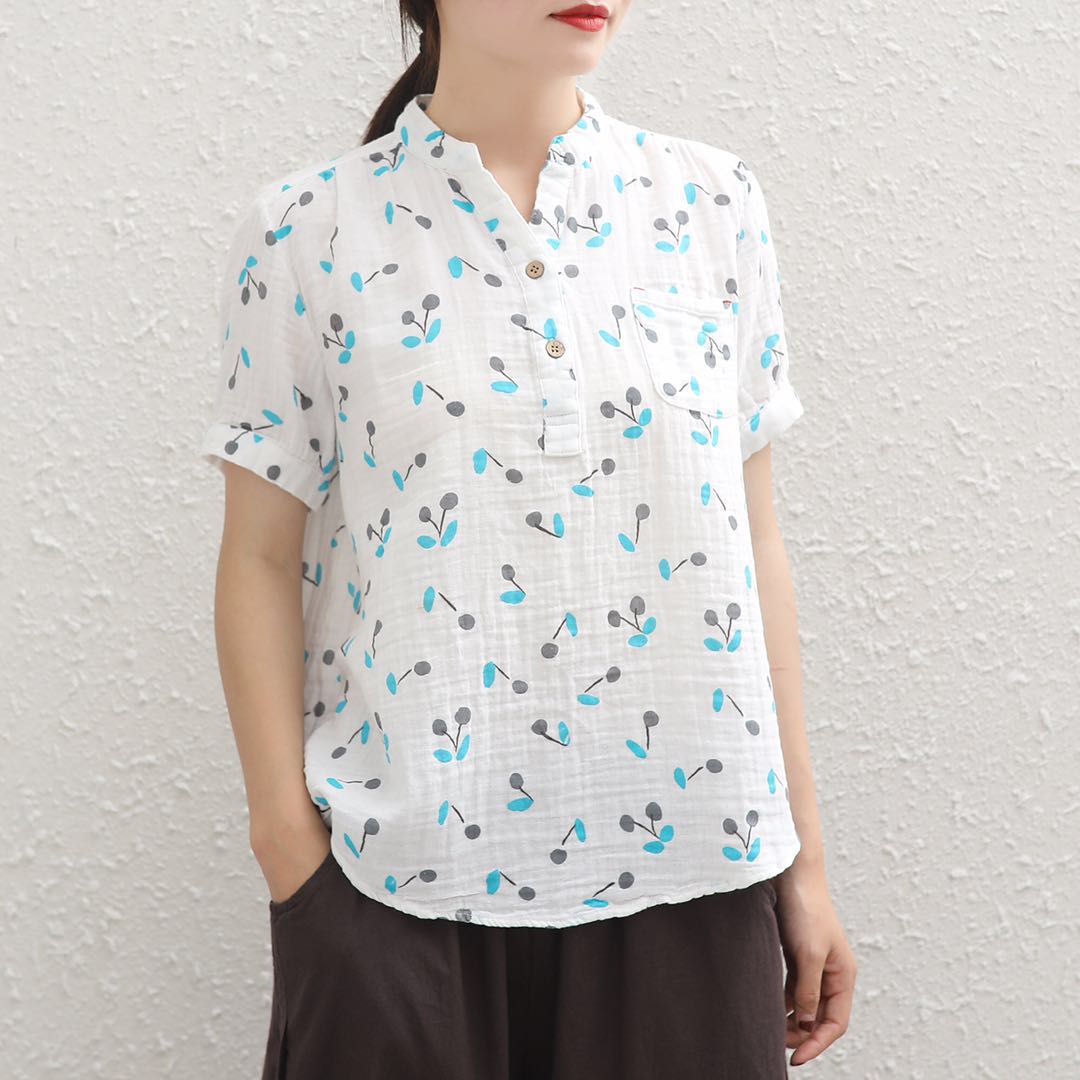 Ban đầu tạo ra cổ áo đôi cotton sợi hoa áo sơ mi nữ vải lanh cotton nữ rộng rãi áo sơ mi ngắn tay nữ Hàn Quốc - Cộng với kích thước quần áo áo dạ nữ