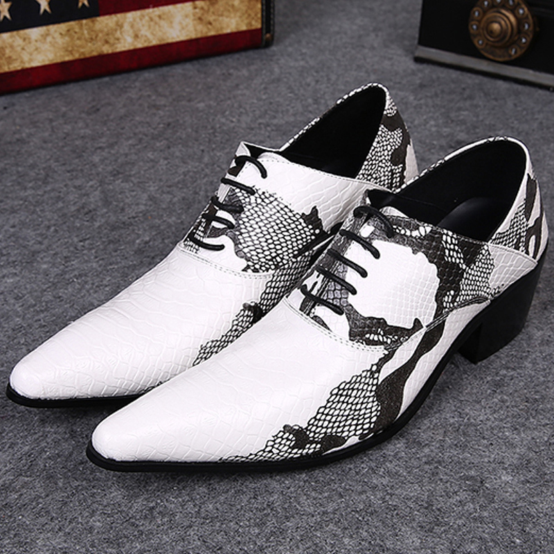 White Python-Patterned Top-Layer Cowhide Pointed-Toe Casual Shoes, British Style Trendy Hairstylist Height-Increasing Leather Shoes, Men's Leather Shoes