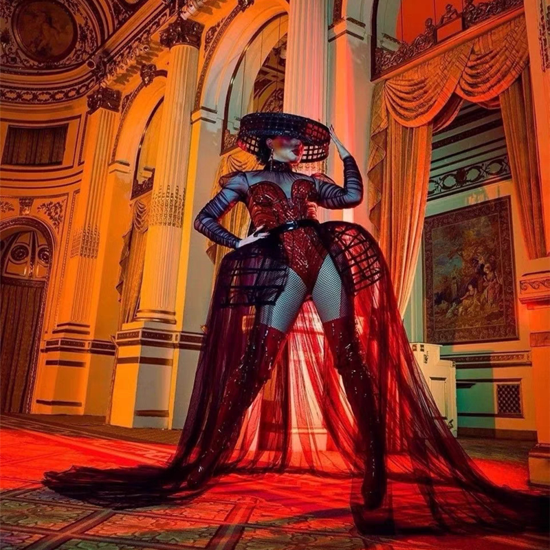 Bar European and American Style Red Mill Performance Costume Gogo Red Large Skirt Birdcage Skirt Sequin Corset Photography Outfit