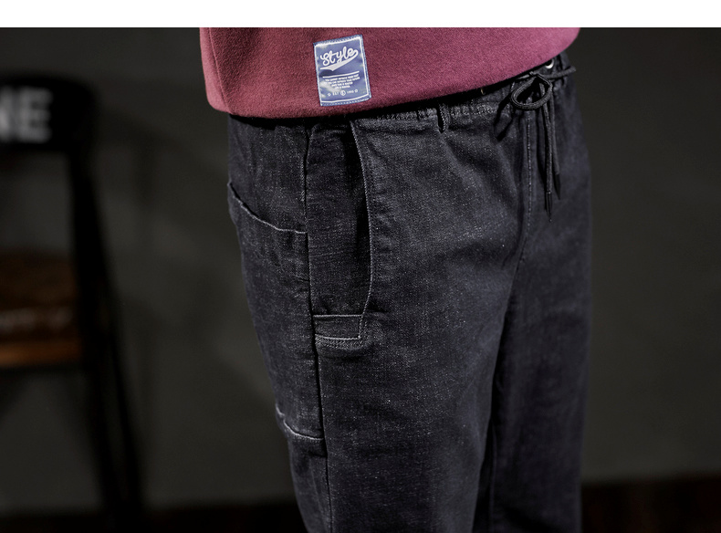 唐 2018 quần jean mới nam thanh niên màu đen túi lớn co giãn dây rút quần jeans mát mẻ Z quần ống rộng nam