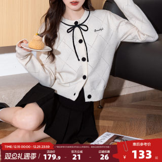 唐狮2025秋冬小香风淑女撞色蝴蝶结圆领针织开衫女春秋外套高级感