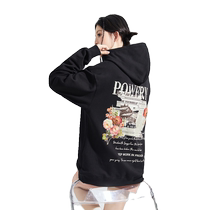 Tangshi 2024 Spring and Autumn New Womens Sweater Black Thin Hooded Loose Printed Top American Retro Hoodie Trendy