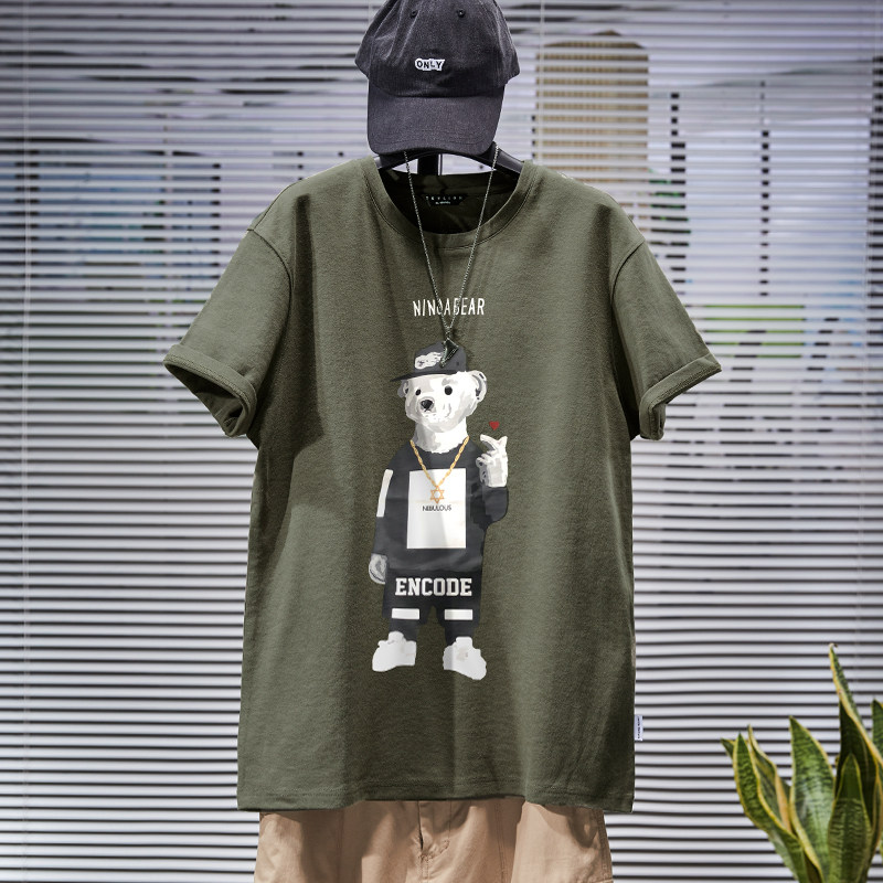 RMB100  3 pieces] Tang Lion short sleeve T-shirt for men's summer dress New trendy pure cotton blouse half sleeve round collar