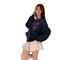 Yoe bow embroidered round neck sweatshirt sweet girl loose retro new style small versatile short top