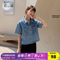 Yoe top womens design sense niche style French shirt denim retro summer short sleeves blue small man new model