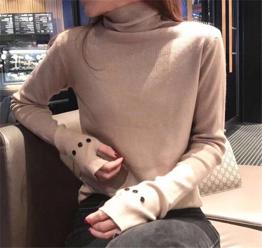 2018 mới nửa găng tay cao cổ áo len ngón tay chạm đáy áo sơ mi nữ mùa thu đông dài tay áo len mỏng thời trang nữ áo cardigan nữ hàn quốc