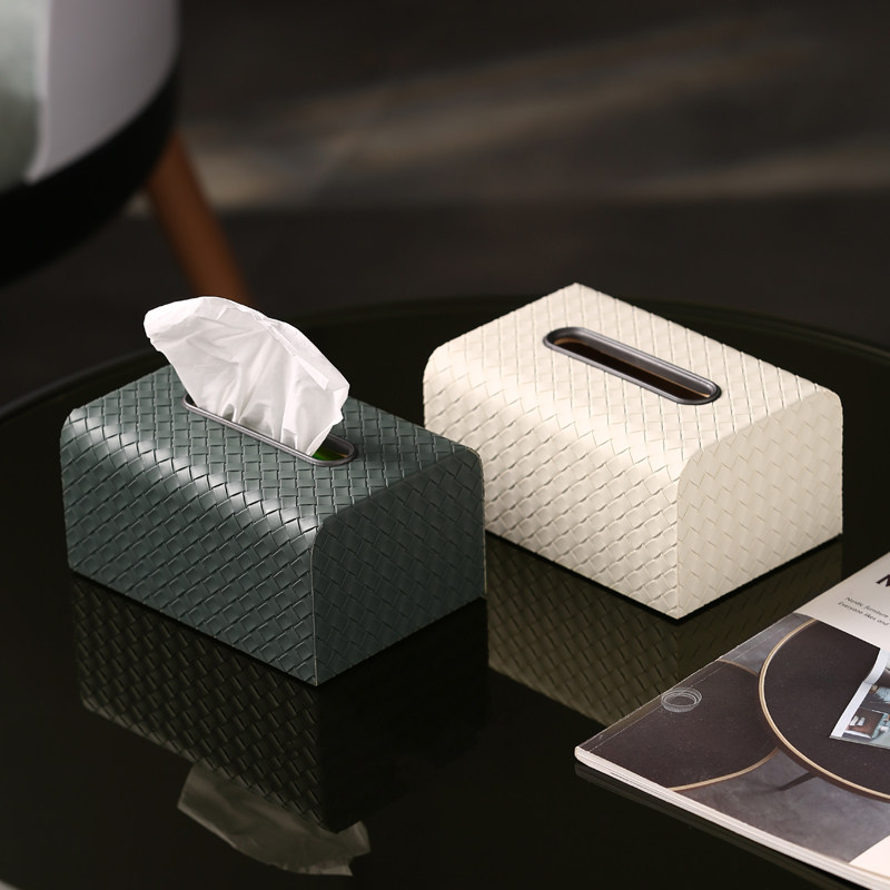 Modern light luxury leather woven pattern paper towel box Nordic home living room coffee table draw paper box model house decorative ornaments