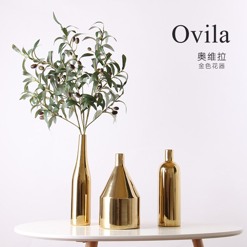 Nordic style ceramic Golden vase Vase Light luxury electroplating craft gift decoration Decorative decoration Soft decoration Home flower