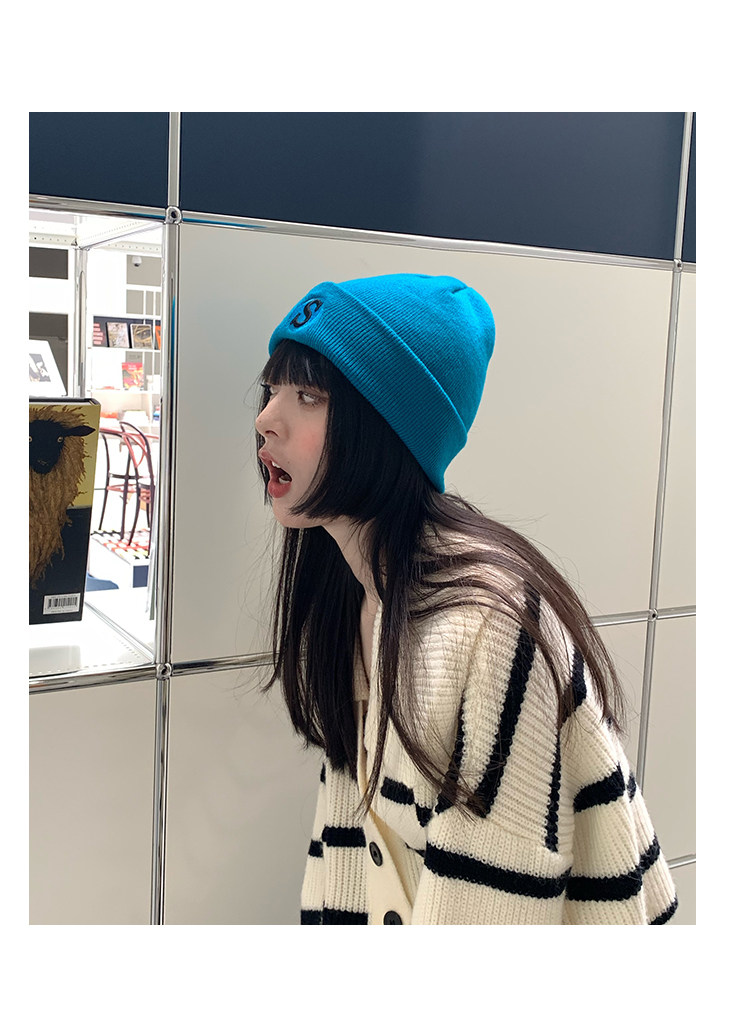 S字母刺绣蓝色毛线帽女秋冬韩版潮百搭保暖针织帽冬季冷帽子批发详情6