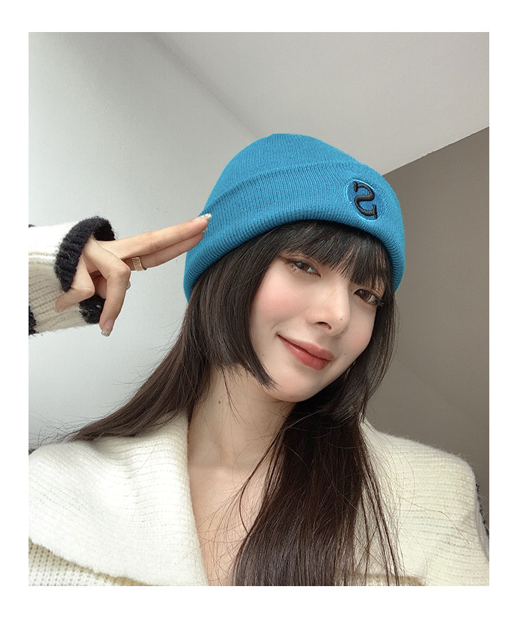 S字母刺绣蓝色毛线帽女秋冬韩版潮百搭保暖针织帽冬季冷帽子批发详情3