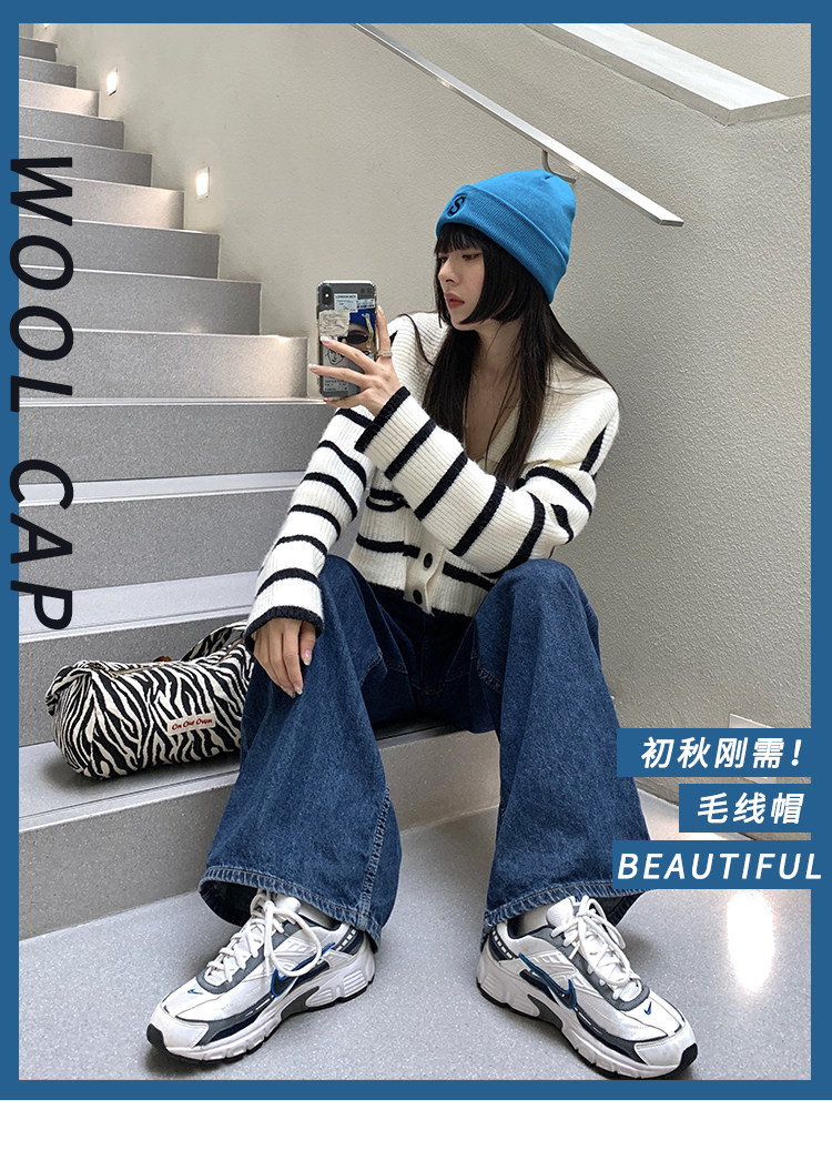 S字母刺绣蓝色毛线帽女秋冬韩版潮百搭保暖针织帽冬季冷帽子批发详情1