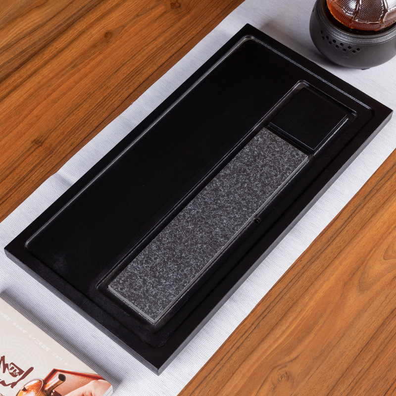 Wooden medium household tea tray solid wood whole block Kung Fu Kemu tea tray set black imitation stone tea tray strong and simple