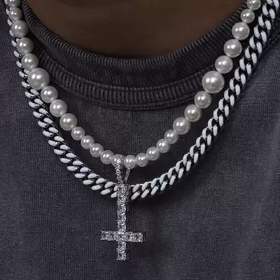 LUXTA original Pearl White Cuban chain cascading necklace cross pendant hip hop men and women collarbone sweater refining