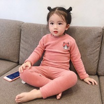 Autumn and winter new boys and girls home clothing embroidery fleece baby warm set baby padded pullover pajamas