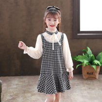 Early autumn childrens clothing girl dress Qianbird grid autumn Korean childrens skirt spring and autumn dress small fragrant wind long sleeve skirt