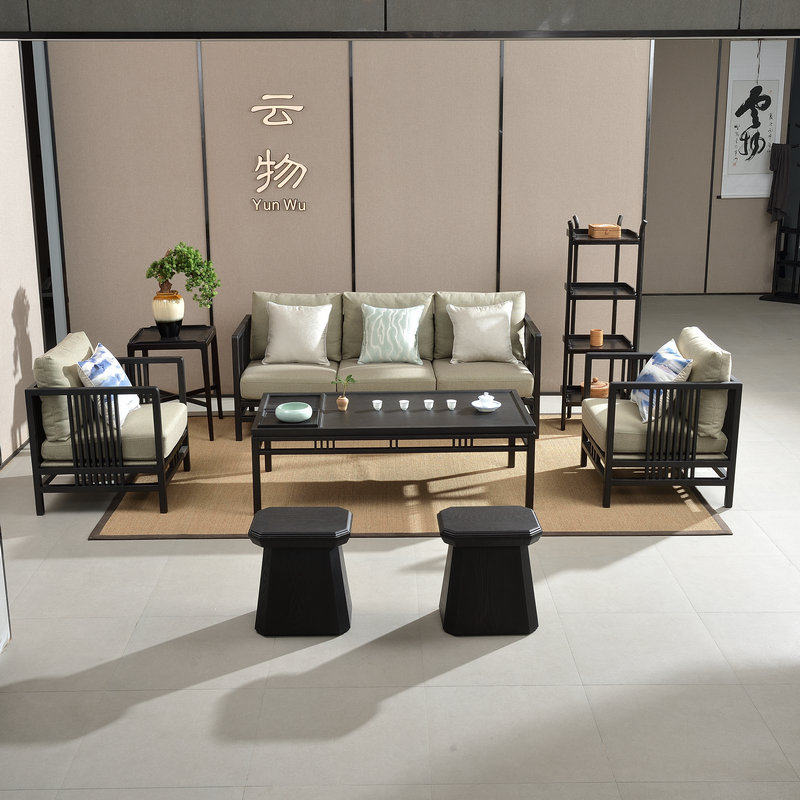 New Chinese style sofa combination solid wood leather single seat living room high-end commercial sofa homestay office custom furniture