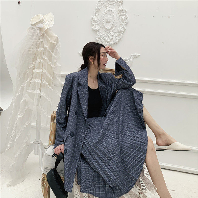 Suit suit women's autumn 2022 new plaid loose casual net red two-piece suit mid-length skirt pleated skirt