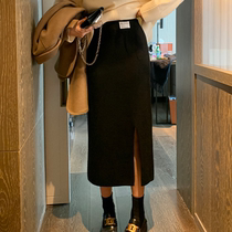 South Korea Autumn Winter New Black Cross Knitted Half-Body Skirt High Waist Middle and Long Skin Skirt