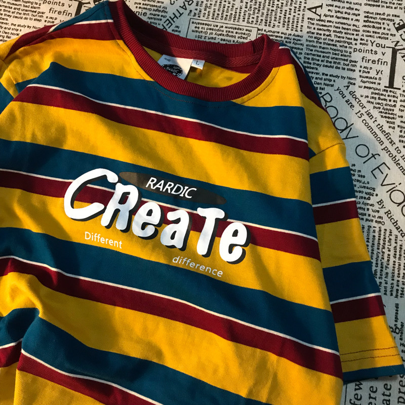 Turkish red stripes European Renaissance tide brand retro short-sleeved T-shirt men and women loose bf Harajuku style half-sleeved