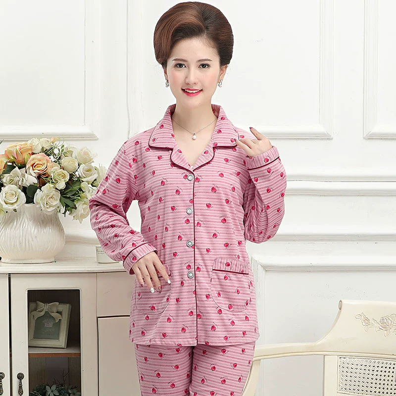 Bộ đồ ngủ cho phụ nữ trung niên cotton dài tay mùa xuân và mùa thu mẹ phục vụ mùa đông và mùa hè mỏng phù hợp với phụ nữ trung niên đồ bộ kiểu đẹp 2021