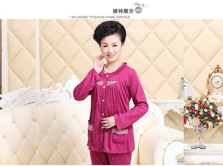 Bộ đồ ngủ cho mẹ dài tay cotton mùa xuân và mùa thu và mẫu mùa đông XL Mẹ chồng trung niên phục vụ nhà mùa hè phù hợp với người già thời trang nữ