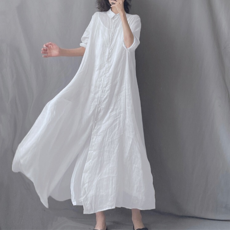 Clearance Sale~ Cotton and Linen Long-Sleeved White Shirt Dress for Women, Thin, Sun-Protective, Loose, Flowy, Collared Linen Dress