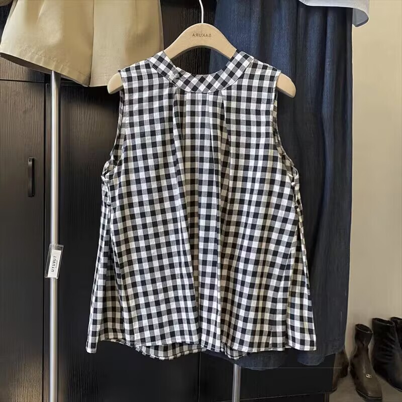 Brand Store Withdraws Women's Black and White Pure Cotton Plaid Pleated Sleeveless Shirt, Women's Summer Linen Plaid Shirt