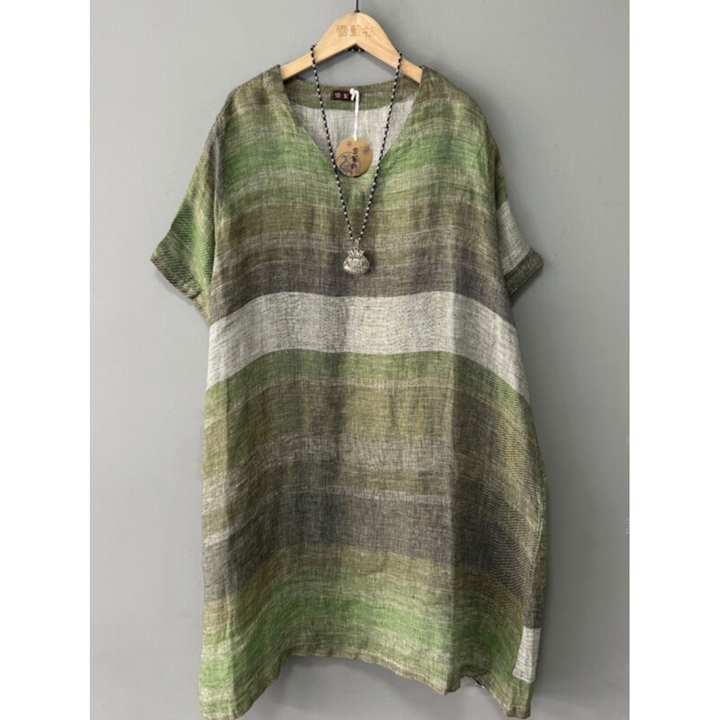 Foreign Trade Surplus Cut-Label Cotton-Linen Short-Sleeve Striped Dress for Women, Summer Loose Fit, Slimming Mid-Length V-Neck Linen Dress